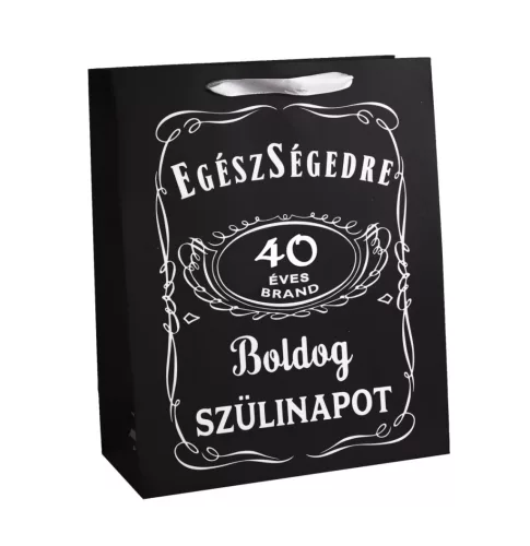 40. születésnapi ajándéktasak 26x32 cm – Fekete „Egészségedre” Boldog Szülinapot mintával