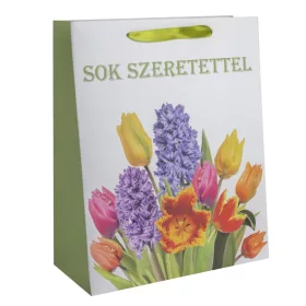   Ajándéktasak tulipán és jácint mintával „Sok szeretettel” felirattal 31x42 cm