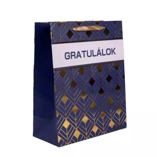 Ajándéktasak „Gratulálok” kék-arany mintával 18×23 cm