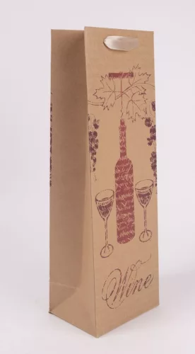 Papírtasak boros kraft és piros borosüveg, wine felirat 12x36 cm 