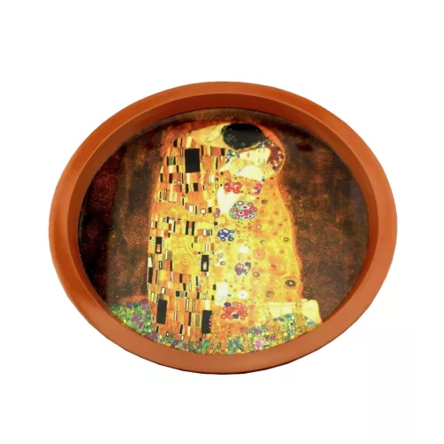 Kerek fém tálca – 32 cm, Klimt „A csók” mintával