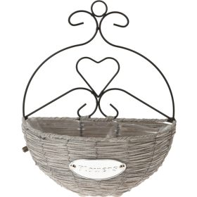 Fali virágtartó fém/rattan antikolt 28x15x13cm