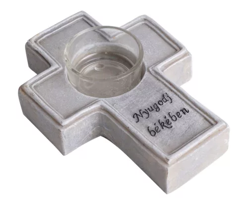 Kegyeleti kereszt mécsestartó „Nyugodj békében” felirattal – 3,5×10 cm