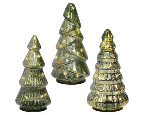 Üveg karácsonyfa melegfehér micro LED világítással 9x17,5 cm – 3 darabos szett