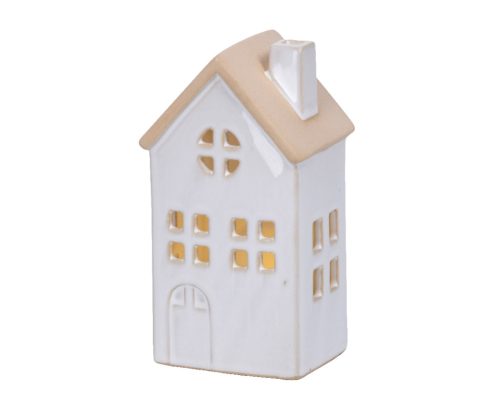 Karácsonyi porcelán házikó meleg fehér LED világítással 15,5 cm