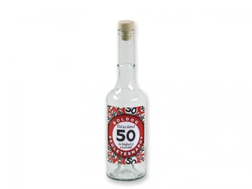 Pálinkás üveg Boldog 50. Születésnapot piros 0,5l, 7x7x28 cm