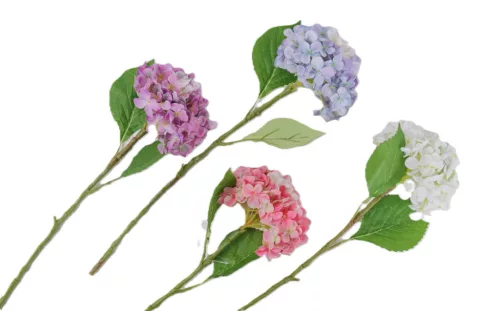Élethű mű hortenzia szál 1 virágfejjel és 2 levéllel – 50 cm, 4 féle szín, választható/db