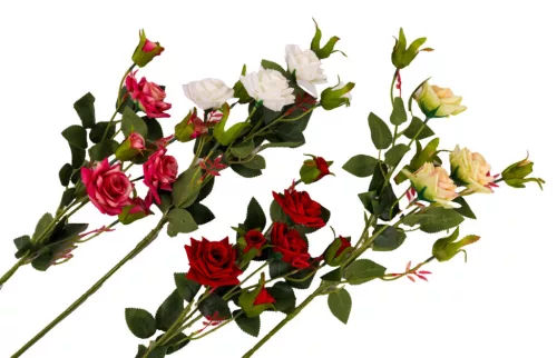 Élethű mű rózsa ág 3 virággal és 4 bimbóval, 77 cm – 4 féle színben választható/db