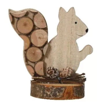 Mókusfigura fás farokkal, fa talpon, 12 cm – őszi dekoráció