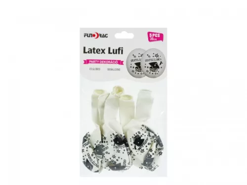 Ballagási latex lufi szett 5 db 30 cm fehér gratulációs mintával