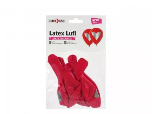 Latex lufi szív 30 cm 5db/csomag piros alapon ezüst szív