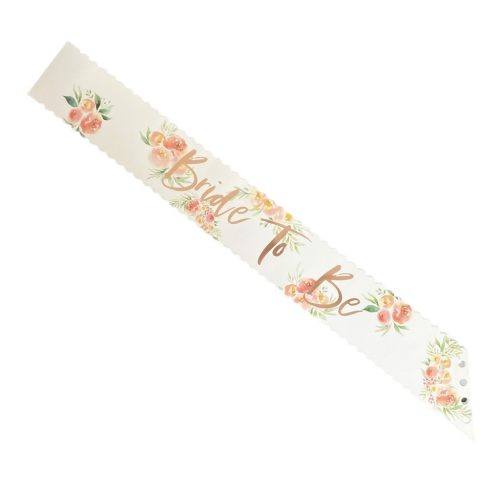 Vállszalag papír Bride to be fehér virágos 1mx8,35cm