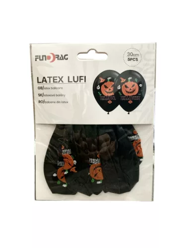 Halloween latex lufi fekete, tök mintával  30 cm  5 db/cs