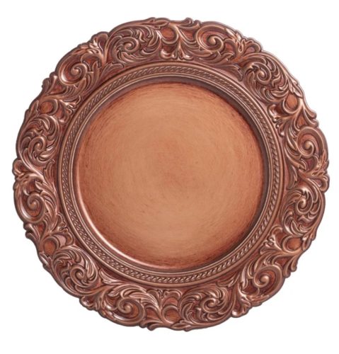 Barokk stílusú kerek műanyag tányér inda mintával bronz színű 33cm