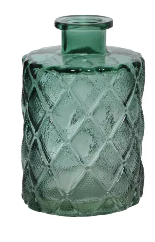 Zöld, gyémántmintás domborítású üvegpalack átlátszó spray színezéssel, 10.5 cm magas.