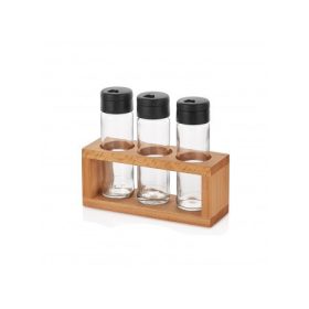   Fűszertartó üveg készlet 3 db-os fa álvánnyal 105ml  (5,5x18x7,5cm)