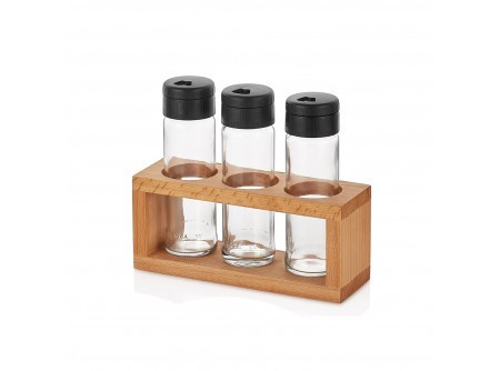 Fűszertartó üveg készlet 3 db-os fa álvánnyal 105ml  (5,5x18x7,5cm)