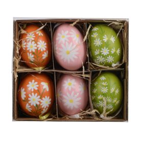   Díszített húsvéti tojás szett – narancs, rózsaszín és zöld, 6 db-os, szalagos akasztóval