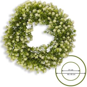 Élethű pozsgás koszorú fehér virággal 43 cm