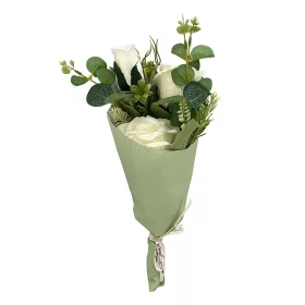   Élethű selyemvirág rózsacsokor fehér, zöld papírban 40cm