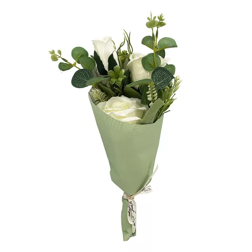Élethű selyemvirág rózsacsokor fehér, zöld papírban 40cm