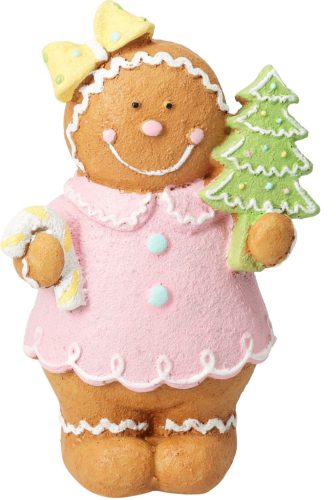 Mézeskalács lány figura rózsaszín ruhában karácsonyfával 17 cm