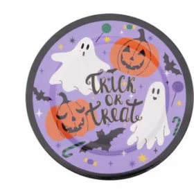 Halloween műanyag tányér 33 cm – lila szellemes minta