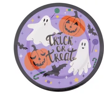 Halloween műanyag tányér 33 cm – lila szellemes minta