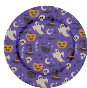 Halloween műanyag tányér 33 cm – sötétlila mintás