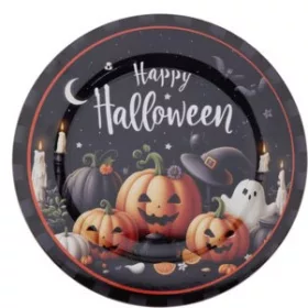   Halloween műanyag tányér 33 cm – fekete-fehér tökös minta