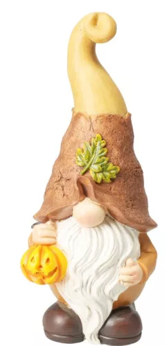 Őszi manó figura barna kalapban, fehér szakállal és tökkel 12x30cm
