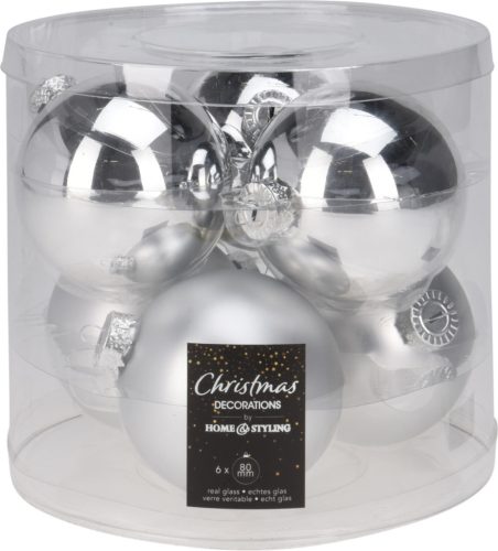 Karácsonyfa dísz fényes és matt vegyesen 8cm 6db/cs - ezüst vegyesen