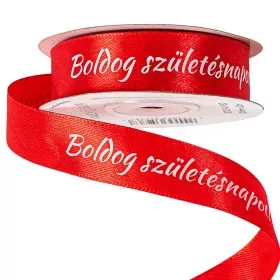 Boldog születésnapot-feliratos szatén szalag 20mmx20m-piros