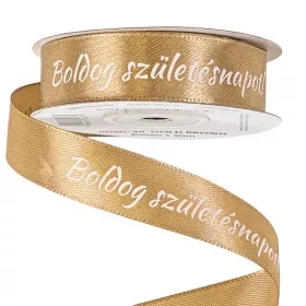 Boldog születésnapot-feliratos szatén szalag 20mmx20m-aranybarna
