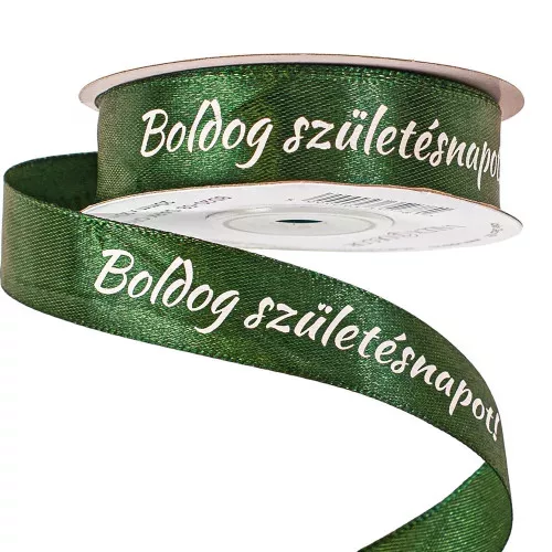 Boldog születésnapot-feliratos szatén szalag 20mmx20m-sötétzöld