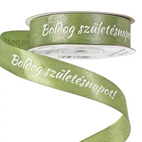   Boldog születésnapot-feliratos szatén szalag 20mmx20m-mohazöld