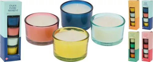 Mécses üvegben 4db/cs 5x3cm 4 féle illatvariációban