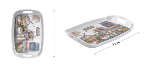 Műanyag tálca konyhai mintával 35 × 24,5 cm – fogantyús kínálótálca