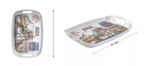 Műanyag tálca konyhai mintával 43,5 × 29,5 cm – fogantyús kínálótálca
