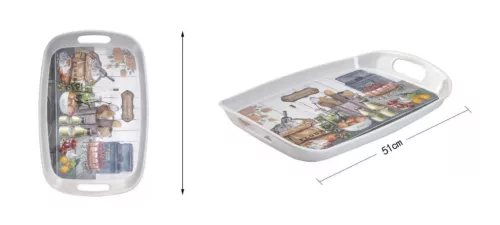 Műanyag tálca konyhai mintával 51 × 34,5 cm – nagyméretű fogantyús kínálótálca