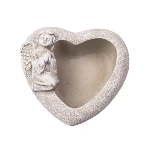 Cement kaspó, angyalkás szív, szürke 16,5x16,5x8cm