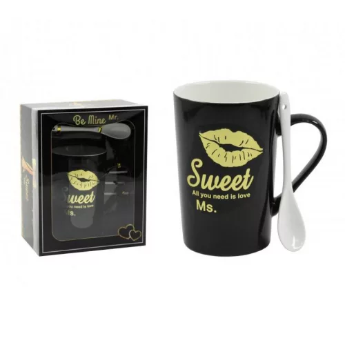 Bögre fekete száj + kiskanál Sweet/be mine Ms.