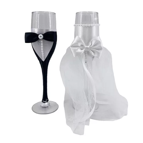 Esküvői pohár szett 2db fehér/fekete