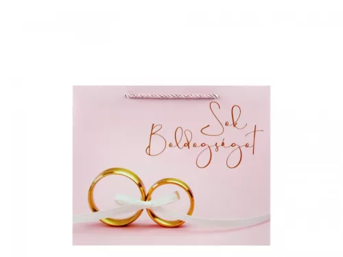 Ajándéktasak fekvő Sok Boldogságot gyűrűs közép 23x10x18cm 