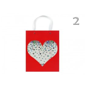 Ajándéktasak piros, szíves ablakos közép 26x12x32cm