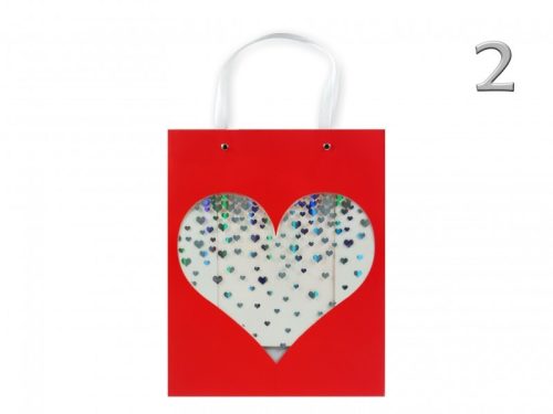 Ajándéktasak piros, szíves ablakos közép 26x12x32cm