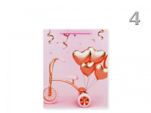 Ajándéktasak  szíves lufis 18x9x24cm -rózsaszín biciklivel
