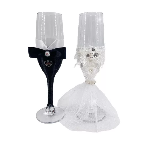 Esküvői pohár szett tüll-csipkés, strasszköves 22cm