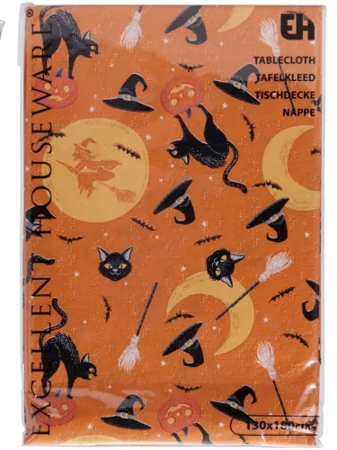 Halloween asztalterítő – boszorkányos és fekete macskás minta 130x180 cm