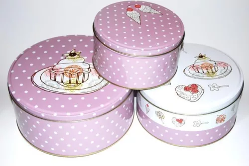 Doboz kerek muffinos fém 11x20cm rózsaszín fehér S/3